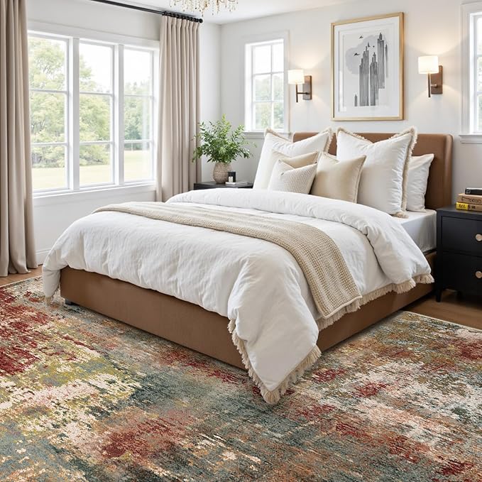 Washable Area Rugs 5'x8' Non-Slip Modern Abstract Soft for Living Room Entryway Bedroom Nursery, Print Pattern, Brown Rust Red Multi