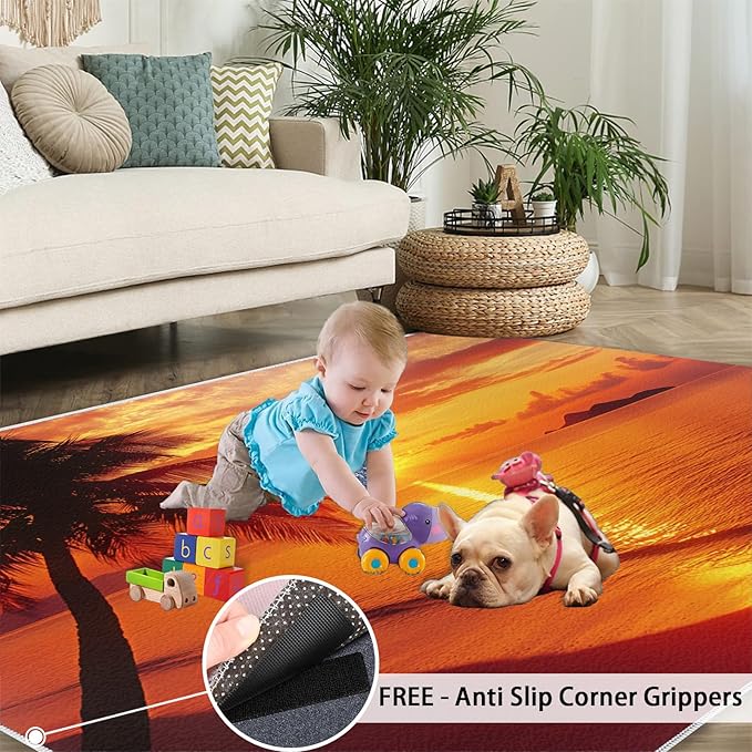 Coastal Rugs for Bedroom - 3x5 Area Rug - Ocean Beach Rugs for Living Room, Sunset Palm Trees Rug, Non-Slip Washable Home Decor Carpet