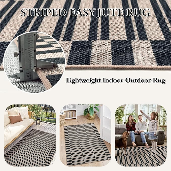 Lahome Striped Easy Jute Rug, 3x5 Outdoor Patio Porch Rug Washable Rugs for Entryway, Indoor Outdoor Living Room Carpets, Farmhouse Neutral Non Slip Black Carpet for Backyard Bedroom RV