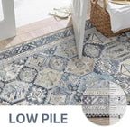 Bavni Washable Rug 6x9 Area Rug for Living Room Bedroom Dining, Washable Vintage Print Carpet, Ultra-Thin Chenille Low Pile Lightweight Rug with Non Slip Backing, Blue