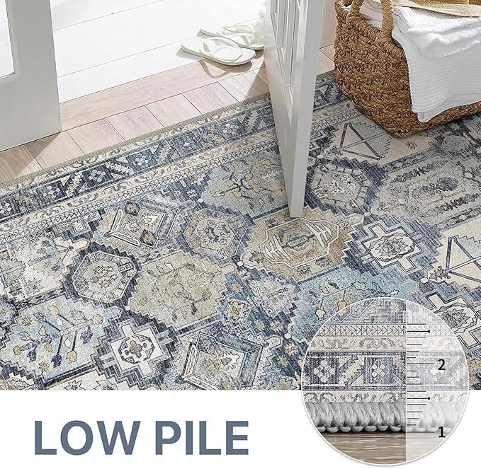 Bavni Washable Rug 8x10 Area Rug for Living Room Bedroom Dining, Washable Vintage Print Carpet, Ultra-Thin Chenille Low Pile Lightweight Rug with Non Slip Backing, Blue