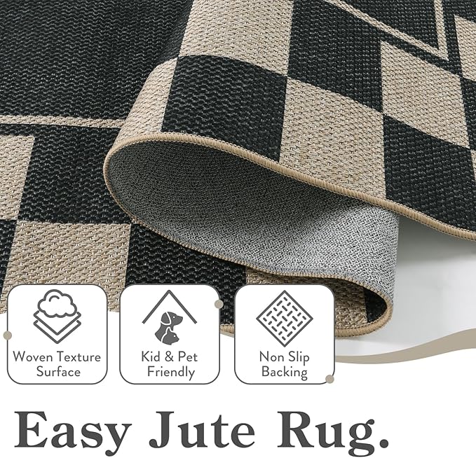 Moynesa Easy Jute Runner Rugs Washable 2x6 Entryway Runners Rug for Kitchen Black Checkered Carpet for Indoor Outdoor Non Slip Mat for Hallways Bathroom Bedroom Laundry Living Room Corridor