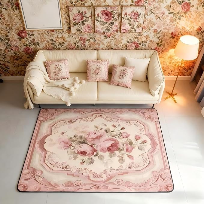 French Country Floral 3x5 Area Rug Pink Rose Rugs for Living Room | Romantic Flowers Washable Rug, Rustic Carpet Indoor Floor Mat