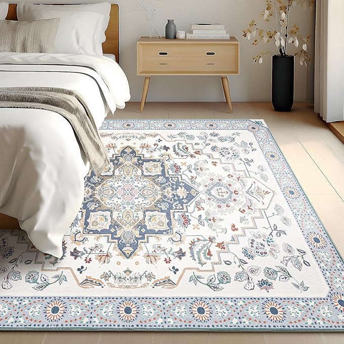 Phantoscope Washable Area Rug 9'x12' Non-Slip, Vintage Boho Rugs for Living Room, Bedroom, Dining Room, Persian Floral Medallion Pattern, Low-Pile Foldable Floor Carpet, Ivory Blue/Garden Bloom