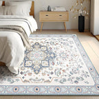 Phantoscope Washable Area Rug 9'x12' Non-Slip, Vintage Boho Rugs for Living Room, Bedroom, Dining Room, Persian Floral Medallion Pattern, Low-Pile Foldable Floor Carpet, Ivory Blue/Garden Bloom