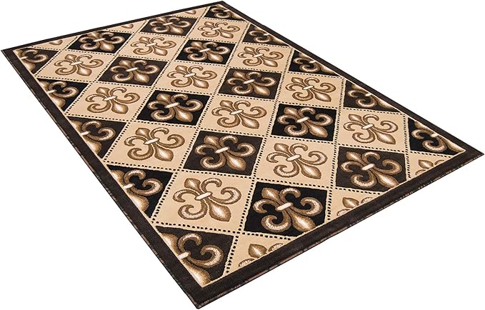 Allstar 5x7 Black Modern Rectangular Accent Rug with Ivory and Mocha Floral Fleur De Lis Diamond Design (5' x 7')
