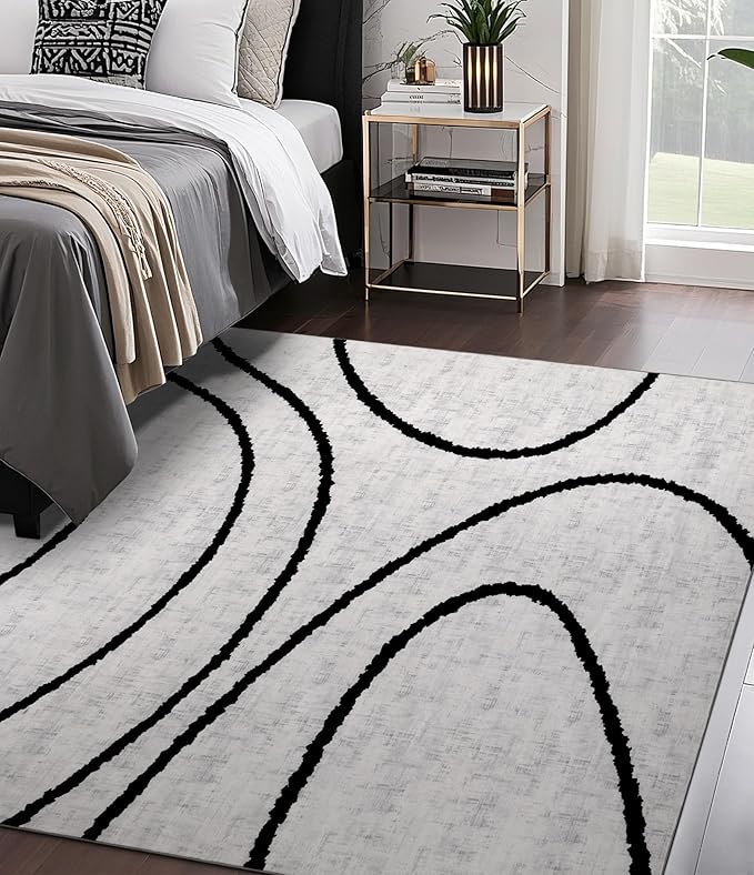 YIHOUSE Modern Area Rugs for Bedroom,5x7 Washable Black and White Rug, Thin Abstract Geometric Minimalist Striped Rug, Black Rugs for Bedroom,Kitchen,Dining Room Office