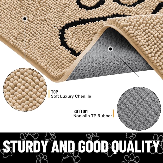 Smiry Dog Door Mat for Muddy Paws, Absorbent Dirt Trapper Non Slip Quick Dry Washable Chenille Mat for Mud Dogs, Entry Rug for Indoor and Outdoor (36x24 Inches, Beige and Black