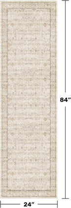 Beige Boho Bathroom Rug 2x7 - Non Slip Washable Floral Runner Rug for Kitchen Floor, Hallway, Farmhouse Entryway Mat with Geometric Pattern, Vintage Low Pile Stain Resistant Carpet