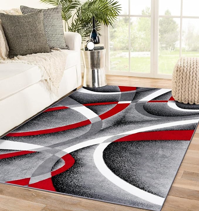 2305 Gray Black Red White Swirls 6'5 x 9'2 Modern Abstract Area Rug Carpet