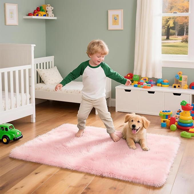 2x3 Solid Fluffy Pink Area Rug – Washable, Durable, Small Bedroom Rug, Non-Slip High Pile Shag Rugs for Living Room, Bedroom, Bedside, Dorms,Grils Rooms, Kids Room, Soft Indoor Floor Carpet