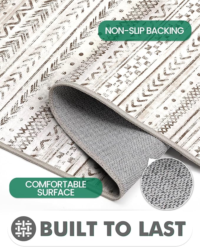 LUMI Washable Rug, 23x87 Kitchen Rugs for Entryway Bathroom, Non-Slip Indoor Door Mat Ultra-Thin, Small Oriental Throw Carpet for Bedroom Entry Office, White and Brown