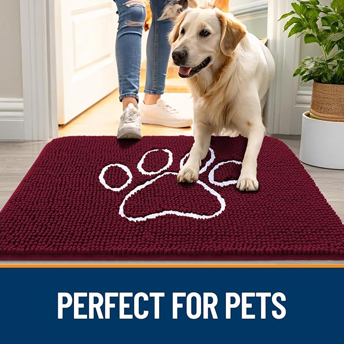 OLANLY Dog Door Mat for Muddy Paws 47x24, Paw Print Design, Absorbs Moisture and Dirt, Absorbent Non-Slip Washable Doormat, Quick Dry Chenille Mud Mat for Dogs, Entry Indoor Entryway Carpet, Burgundy