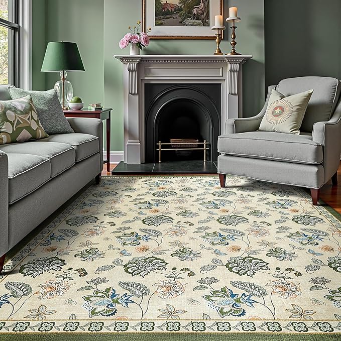jinchan Elora 8x10 Floral Rug for Living Room Washable Bedroom Rug Vintage Romance Design Non Slip Thin Indoor Floor Cover Large Low-Profile Throw Carpet for Dining Room Office, Green/Beige