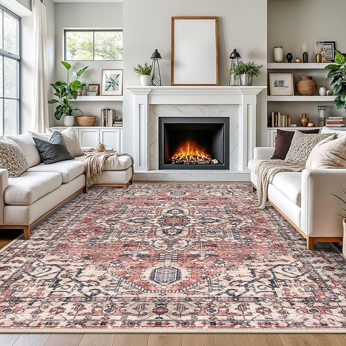 KOZYFLY Area Rug 9x12 Ft Thin Rugs for Living Room Washable Bedroom Rug Non Slip Rugs for Living Room Printed Faux Wool Vintage Bedroom Rug Floor Carpet for Dining Room, Terracotta/Beige