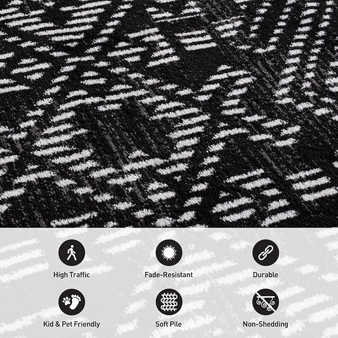 Rugshop Boho Black Tribal Area Rug Modern Indoor Carpet for Living Room, Bedroom, or Entryway – Non-Shedding, Low Pile Geometric Design 2' 3" x 12'