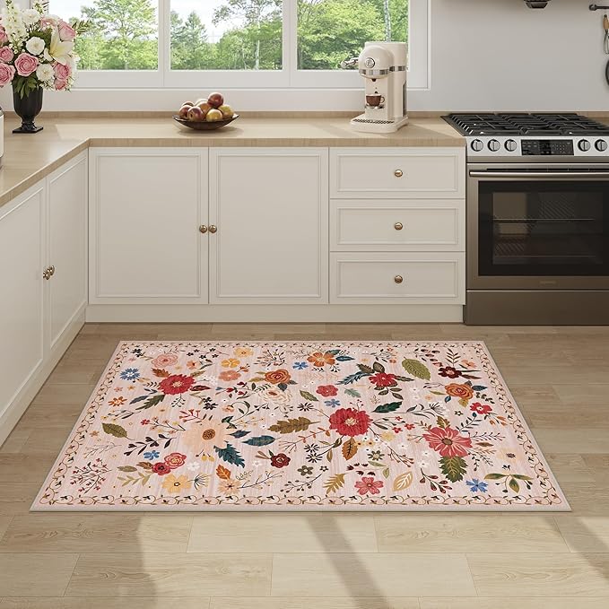 3x5 Area Rug, Floral Pink Washable Rug for Entryway, Non Slip Flower Area Rugs, Soft Low Pile Indoor Doormat Small Carpet, Rugs for Living Room Bedroom Nursery Kitchen Dining Room, Pink/Beige