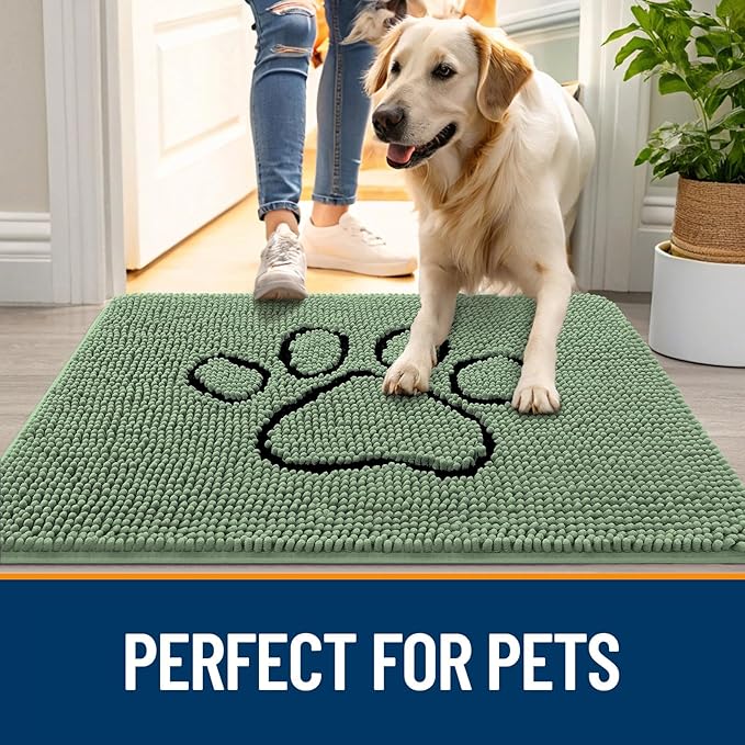 OLANLY Dog Door Mat for Muddy Paws 40x32, Paw Print Design, Absorbs Moisture and Dirt, Absorbent Non-Slip Washable Doormat, Quick Dry Chenille Mud Mat, Entry Indoor Entryway Carpet, Olive Green