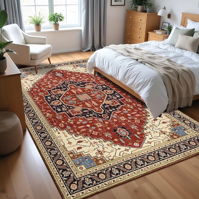 5x7 Orange Red Area Rug for Living Room, Machine Washable Rugs with Non-Slip Backing for Bedroom, Vintage Medallion Carpet Dining Room Office Kids Room Decor