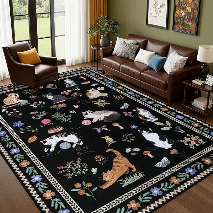 9x12 Area Rugs Living Room Rug: Vintage Washable Rug Floral Soft Carpet Indoor Floor Non-Slip Boho Stain Resistant Large Carpets for Bedroom Kids Nursery Dining Room Farmhouse Home Office Black/C01