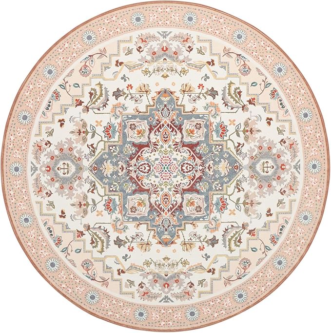 Phantoscope Washable Round Area Rug 6ft Non-Slip, Vintage Boho Rugs for Living Room, Bedroom, Dining Room, Persian Floral Medallion Pattern, Low-Pile Foldable Floor Carpet, Ivory Rose/Fall Bloom