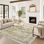 Washable Area Rug 8x10, Large Soft Rugs for Living Room Vintage 8x10 Area Rugs for Bedroom Dining Room Non-Slip Stain Resistant Under Table Green Orange Rug