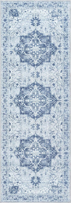 Bloom Rugs Washable Non-Slip 12 ft Runner - Gray/Blue Traditional Medallion Runner for Entryway, Hallway, Bathroom, and Kitchen - Exact Size: 2.5' x 12'