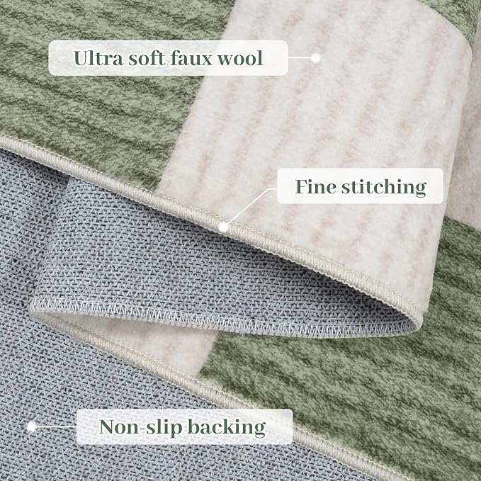 Machine Washable 5x7 Area Rugs for Living Room Checkered, Non Slip Soft Low Pile Farmhouse Geometric Modern Neutral Playroom Boys Rugs for Bedroom, Large Carpet Rugs for Dining Room(Sage Green,5'x7')