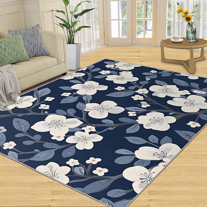 Boho Rugs for Bedroom - 5x7 Area Rug - Blue White Flowers Rugs for Living Room, Vintage Modern Flowers Rug, Washable Home Decor Carpet