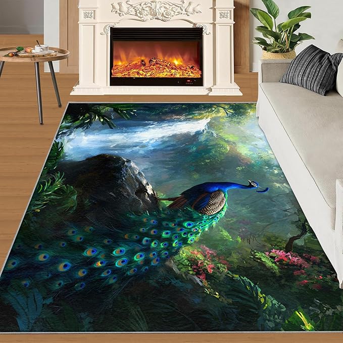 Peacock Rugs for Bedroom - 8x10 Rug, Peacock Decor Area Rugs for Living Room, Natural Landscapes Carpet, Waterfall Washable Area Mat, Aesthetics Carpet - Peafowl Home Decor & Gifts