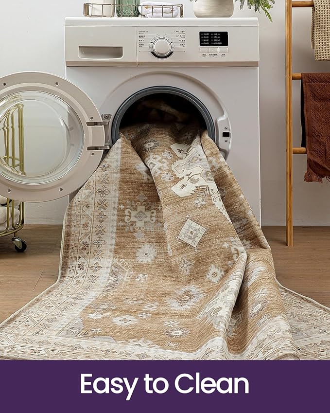 DEXI Hallway Runner Rug 3x10, Distressed Non Slip Runners Carpet, Boho Vintage Soft Thin Indoor Rug, Stain Resistant Washable Entry Mat for Entryway Kitchen Laundry Room Living Room, Light Brown