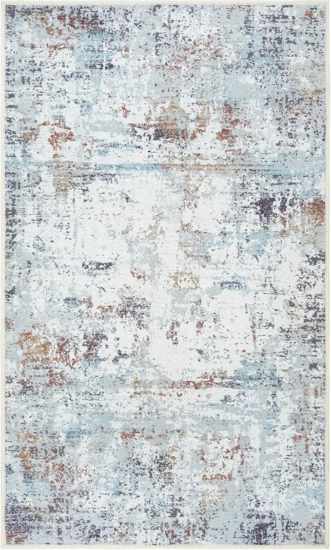 GLN Rugs Contemporary Collection - Machine Washable Area Rug, Contemporary Washable, Non Slip, Low Pile Chenille Rug, Living Room, Bedroom, Kitchen Rug (2'6" x 7' White/Grey/Blue/Brown)