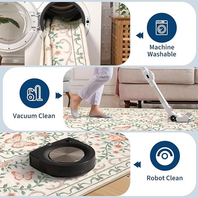 GarveeHome 3x5 Small Area Rug for Bedroom Floral Washable Rugs Non Slip Stain Resistant Living Room Throw Carpet Low Pile Dining Room Beige Area Rug Butterfly Bow Rugs for Nursery Home Decor, 3x5