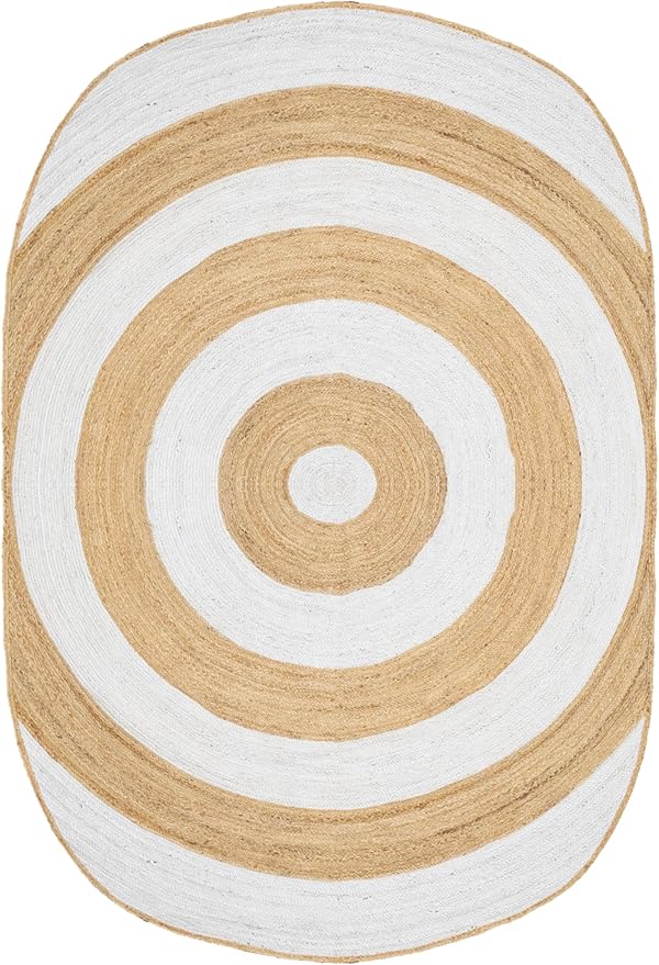 10x16 Oval Kilim Rug – Hand Braided Oval Jute Rug, Handmade Boho Flatweave, 0.27" Thick, Solid White Beige Carpet for Bedroom, Living Room, Dining Room