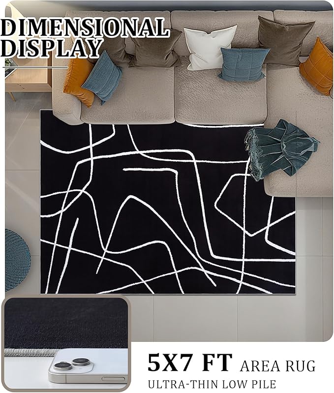 YIHOUSE Modern Washable Area Rug for Living Room Bedroom - Large Abstract Black and White Rug Non-Slip Ultra-Thin Home Decor (Dark Abstract, 5'x7'ft)