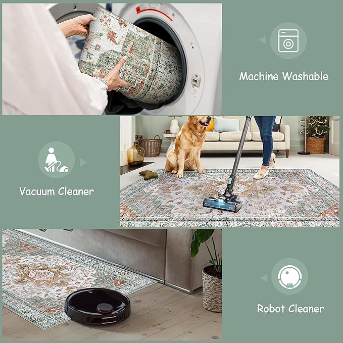 Moynesa Ultra-Thin Washable Round Rug - 4ft Oriental Circle Area Rugs for Bedroom Entryway, Vintage Non Slip Non Shedding Low Pile Carpet for Living Room Coffee Table Kitchen, Beige/Gold