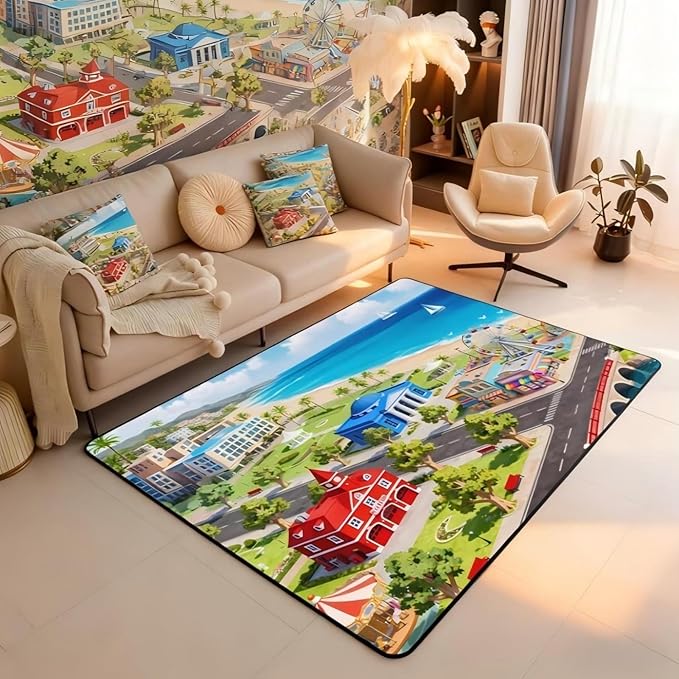 Kids Large Area Rug 5x7 City Life House Living Room Rug | 3D Cityscape Rugs for Bedroom, Fun Educational Gift Urban Landscape Carpet Indoor Floor Mat