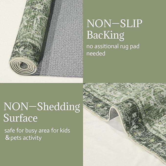 Washable Area Rugs 5'x7' Non-Slip Vintage Boho Distressed Fade Resistant Low Pile Carpet for High-Traffic Living Room, Bedroom & Dining Room
