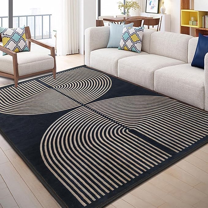 Modern Rainbow Area Rug 4x6 Black Comfort Soft Low Profile Machine Washable Non-Slip Rug, Contemporary Backyard Living Room Mat