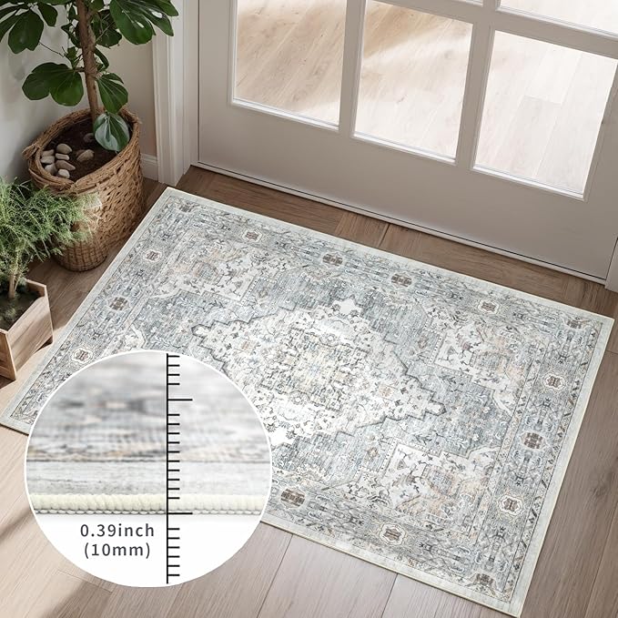 Area Rug 9×12 Washable Rugs for Bedroom, Vintage Floral Rug Soft Non Slip Stain Resistant Carpet for Living Room Dinning Room Kitchen Home Office Blue Green Multi