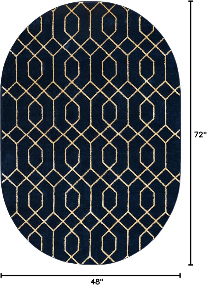 Unique Loom Glam Collection Area Rug - Trellis (4' x 6' Oval, Navy Blue Gold/ Gold)