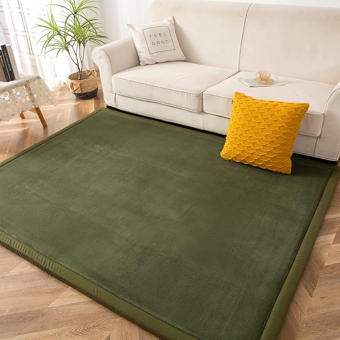 MAXYOYO Black Coral Velvet Area Rug, Thick Japanese Tatami Mat Living Room Carpet with Non-Slip Backing, Large Solid Color Mat for Bedroom Dormitory Yoga, 49 by 49 inch