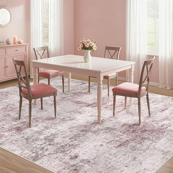 9x12 Area Rug Living Room Rugs - Washable Neutral Modern Abstract Soft Thin Large Rug Indoor Floor No Slip Rug Carpet for Bedroom Under Dining Table Home Office Decor - Pink