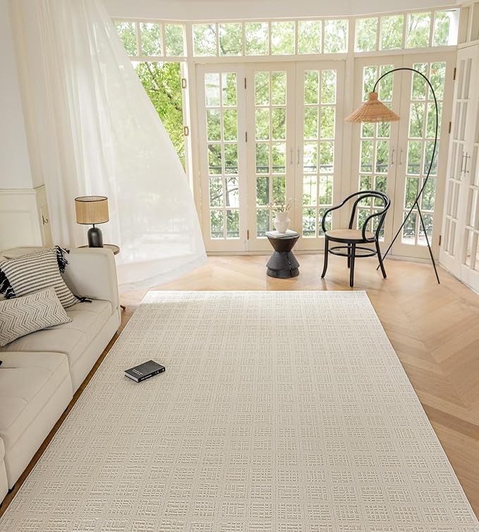 jxgzyy Beige Area Rug, 0.36'' Thick Low Pile Textured Rug, Modern Aesthetic Solid Carpet for High Traffic Area, Stain-Resistant Kitchen Rug with Non-Slip Backing, 5x7