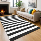 KOZYFLY Black and White Striped Outdoor Rug 5x7 Ft Area Rug Washable Indoor Outdoor Rug Cotton Striped Rugs for Living Room Farmhouse Large Floor Carpet for Bedroom Living Room Patio