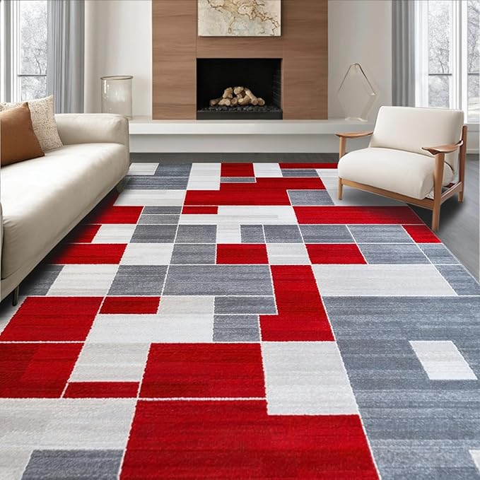 Flatwoven High Traffic Area Rug 4x6, Waterproof Patio with Anthracite Accents, Non Slip, Stain Resistant, Washable Area Rugs for Living Room, Bedroom (Red, 4x6)