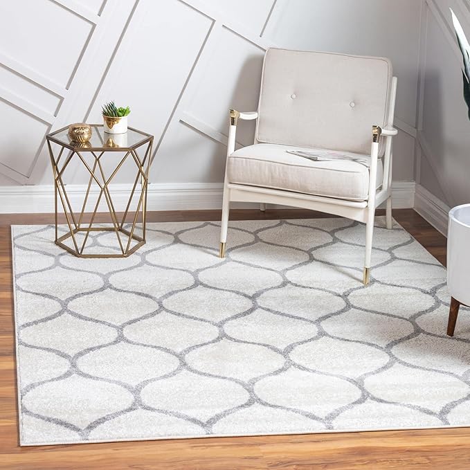 Rugs.com Lattice Frieze Collection Rug – 8' Square Ivory Medium Rug Perfect for Living Rooms, Kitchens, Entryways
