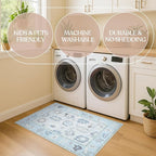 Fame Living Cream Blue Oushak Runner Rug, Modern Runners, Turkish, Eclectic, Floral, Pastel, Washable, Small Rugs, Short Runner for Hallway, Entryway, Laundry, Bedroom, Kitchen, Bathroom, 2'5"x6'5"