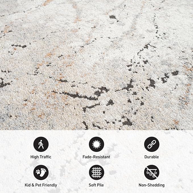 Rugshop Drifted Marble Abstract Area Rug Durable, Kid & Pet Friendly Gray, Ivory, Neutral Tones 4' x 6' Ideal Under Coffee Tables, Desks, or in Small Dining Areas