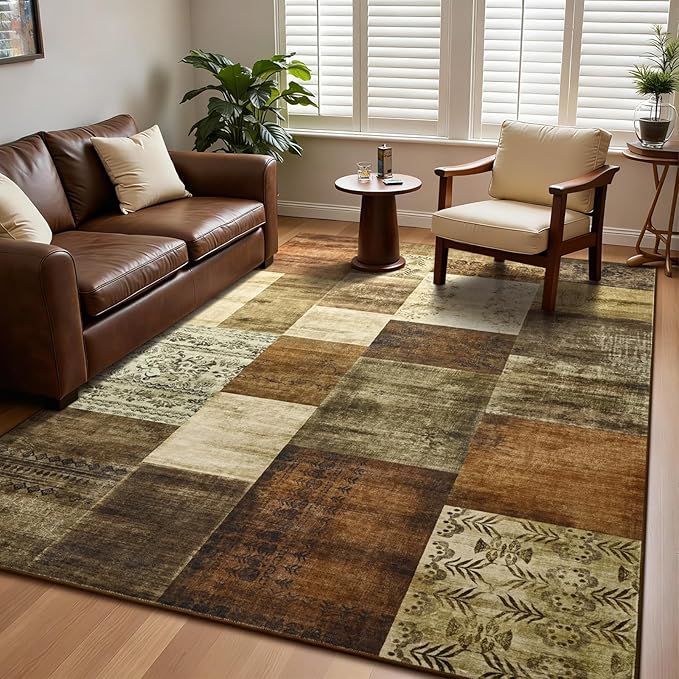 DweIke Washable Area Rugs for Living Room, 5x7 Soft Bedroom Rugs, Geometric Print Non-Slip Modern Rug, Stain Resistant Throw Carpets for Office Nursery Dining Room Home Dorm Decor, Brown